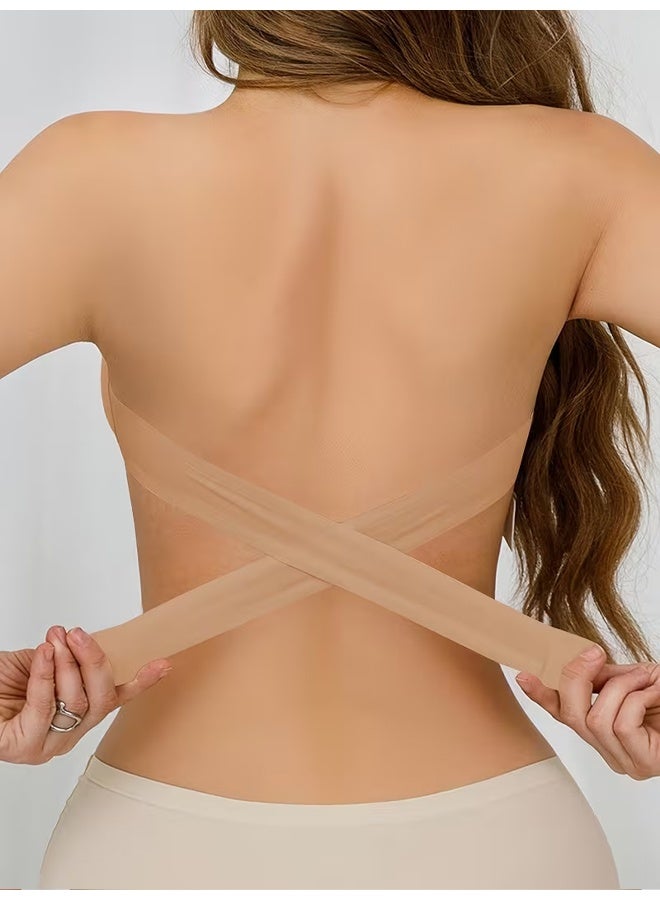Zeemey Camel Wireless Bandeau Bralette with Side Closure, Sexy Strapless Nylon Knit Fabric - Removable Padding, Cross Strap Detail, Solid Color Stretch - Image 2